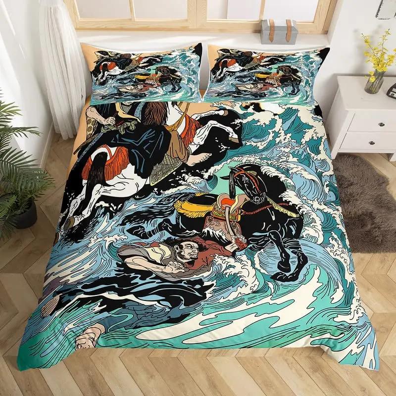 Japanese Ukiyo-E King Queen Duvet Cover Golden Fish Hokusai Bedding Set Crane Wave Quilt Cover Red Sun Polyester Comforter Cover