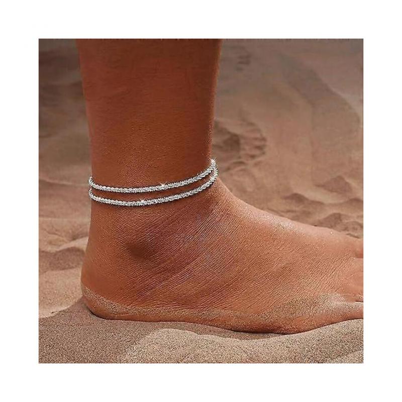 Silberne Doppelring-Ketten-Fußkette für Damen, Damen Strandfußkette