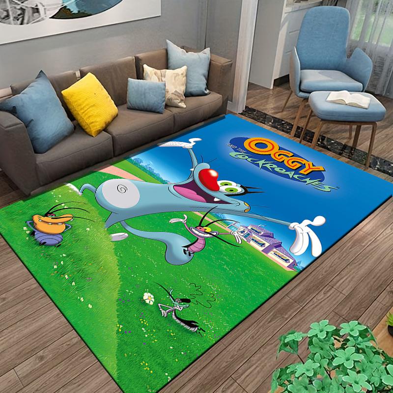 Oggy and the Cockroaches Cat House Cartoon Poster retro poster style floor mat decorative accent, anime manga fan art rug for bedroom gaming space