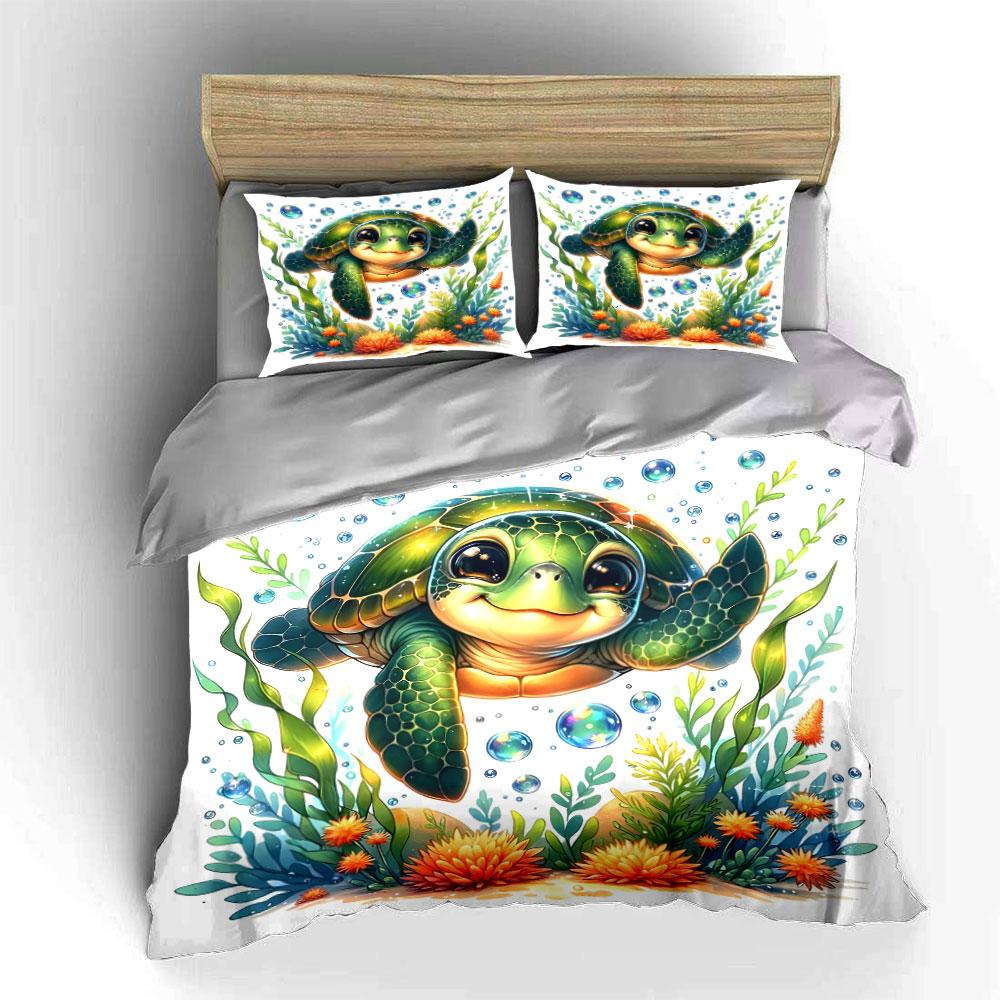 Sea Turtle With Seaweed And Bubbles Printed Duvet Cover Set1 Duvet Cover+2 Pillowcasemulti Size Bedroom Bedding Decor