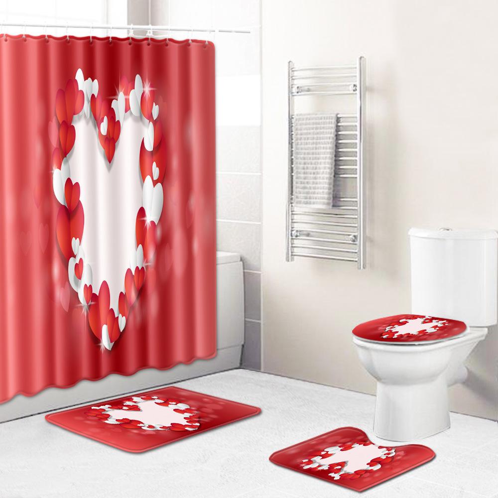 Love Valentine'S Day Shower Curtain Floor Mat Four-Piece Set Bathroom Non-Slip Door Mat Bedroom Carpet