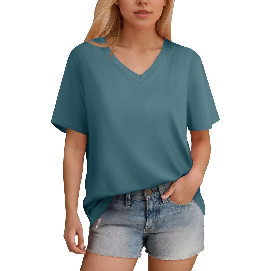 Women's T-Shirt V Neck Short Sleeve Color Casual Loose T-Shirt Top