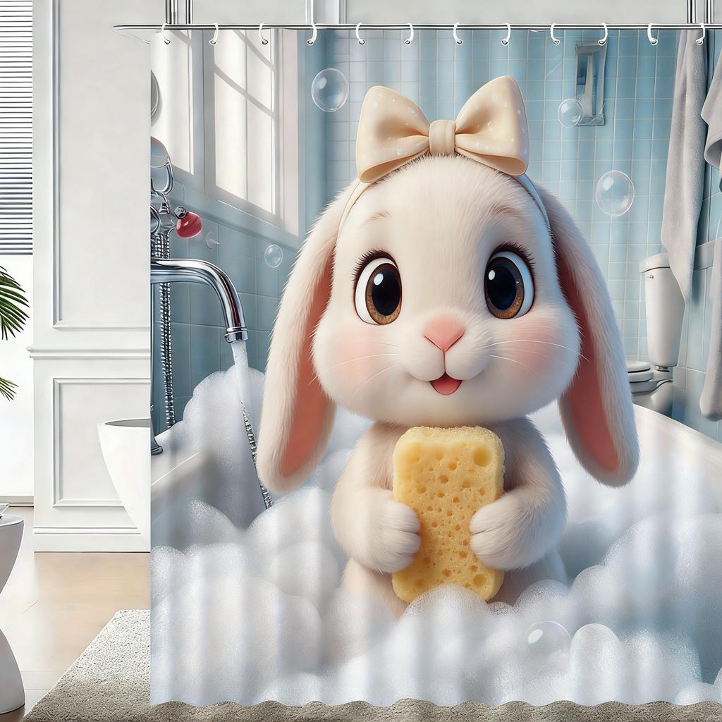 Cute 3D Cartoon Penguin Bathing with Bubbles Waterproof Shower Curtain - Fun Bathroom Decor