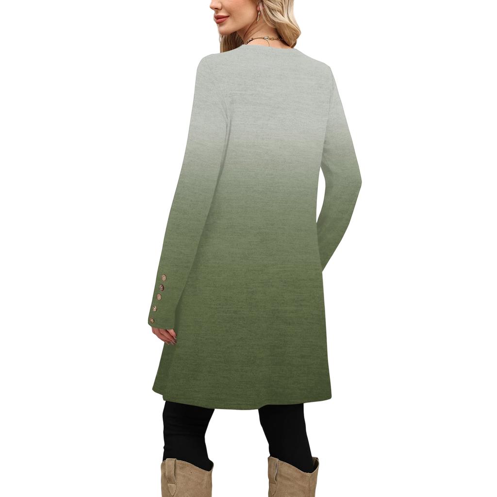 Damenmode Freizeitkleid mit Tasche, dekorativen Knöpfen, Rundhalsausschnitt und langen Ärmeln