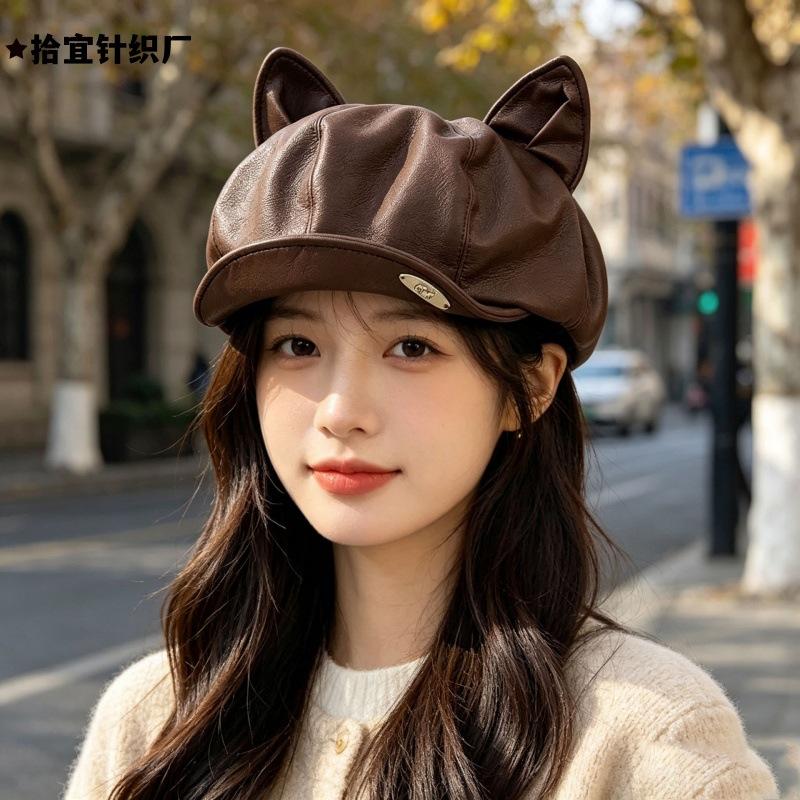 Octagonal hat women's cute cat ears show face small newsboy hat autumn and winter fashion retro painter hat beret versatile