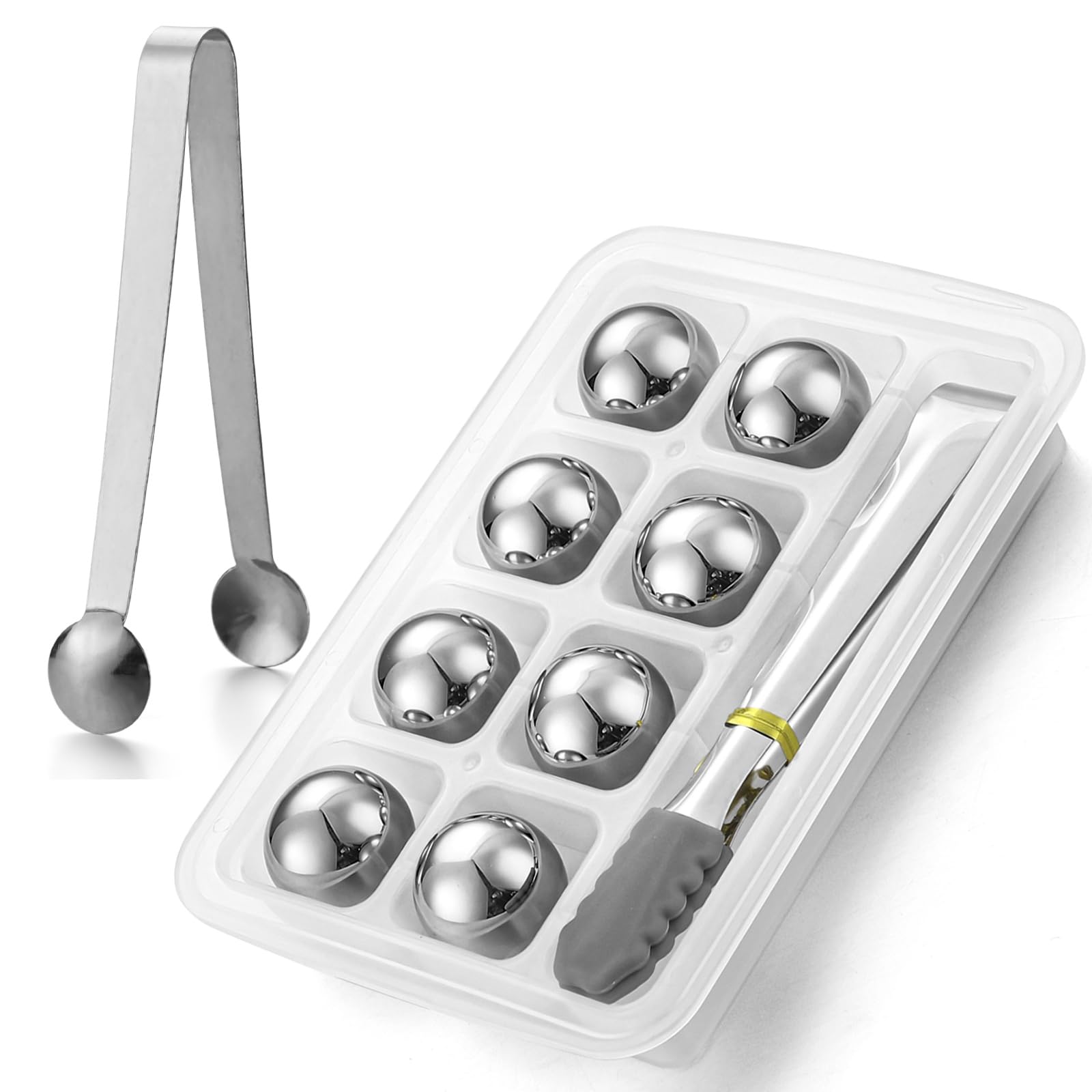 

8-Pack of 2.5cm Diameter Whiskey Stones, Reusable Stainless Steel Ice Balls, with Storage Case and Two Ice Tongs, No-Melting Ice.