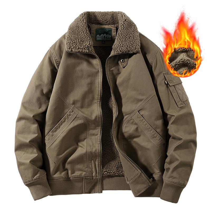 Autumn and Winter New Velvet Cotton Washed Lamb Wool Jacket Cotton Clothes Men's Outdoor Casual Turtleneck Baseball Jacket