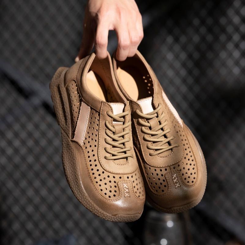 

Summer low-top hollow casual shoes men s soft and delicate first-layer cowhide shoes retro lace-up sports shoes 44 хаки