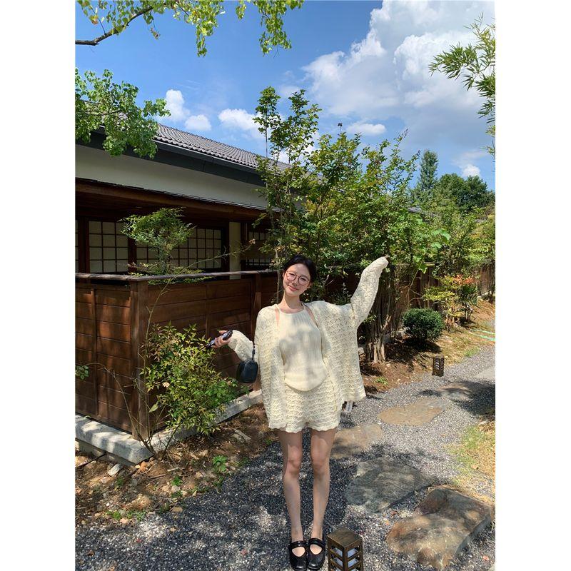 

Kumikumi Design Hollow out Cardigan Outerwear Inner wear Vest Sling Women Autumn Slimming Casual Pants Three-Piece Set Pants One size