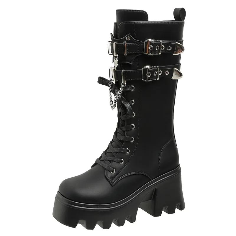 Fashion Women's Punk Gothic Boots 2025 Fashion Buckle Chain High Heels Mid Calf Boots Women Black Pu Leather Plus Size 42 Autumn Botas