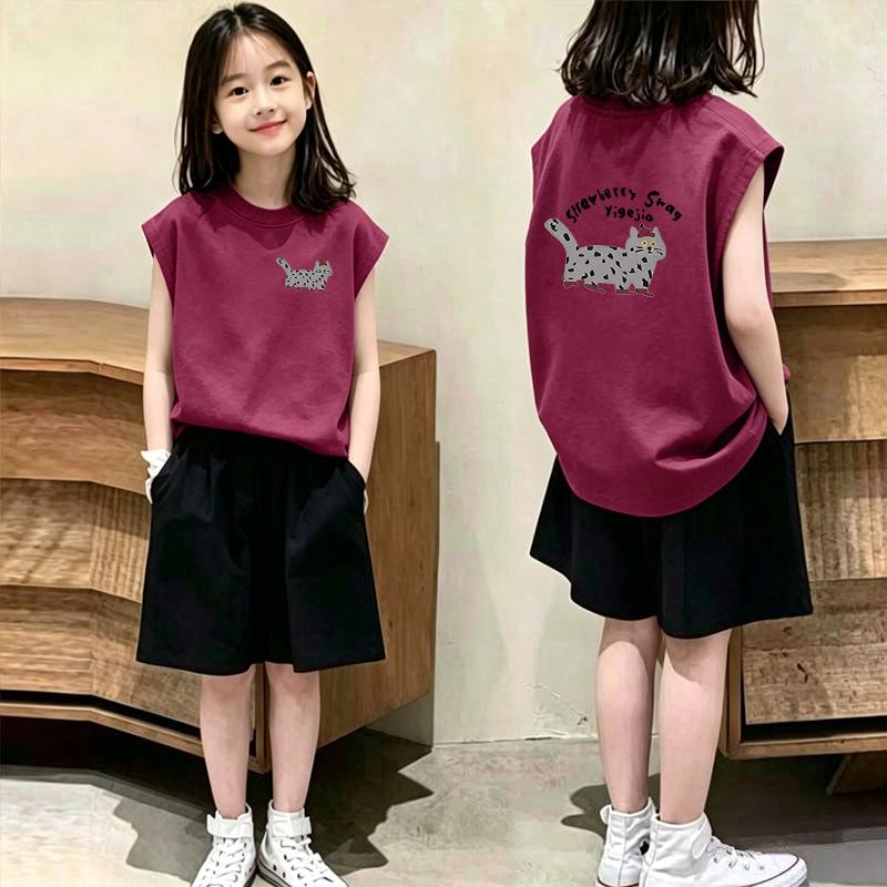 2026 Summer Girls' Cotton Vest & T-Shirt Set - Sleeveless Top & Shorts for Medium/Large Kids