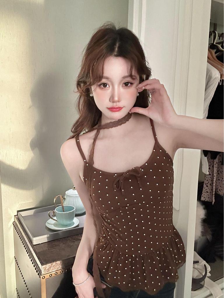 Sweet Polka Dot Lace-Up Spaghetti Strap Bow Tank Top for Women