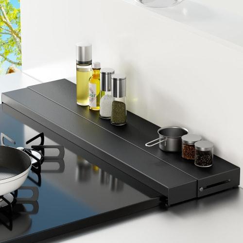 TKUIN Exhaust Vent Cover, Extendable Depth 10-17cm, Rack-Type Stove Cover, Flat 60cm, Grill Cover, Oil Splash Guard, Stovetop Rack, Compatible with IH