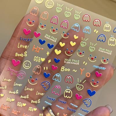 Bezaubernde Cartoon-Gesichtsaufkleber - Selbstklebend, Bunte Nagelkunst-Designs mit Herzen & Lächeln, Perfekt für DIY & Salongebrauch, Nagelkunstaufkleber