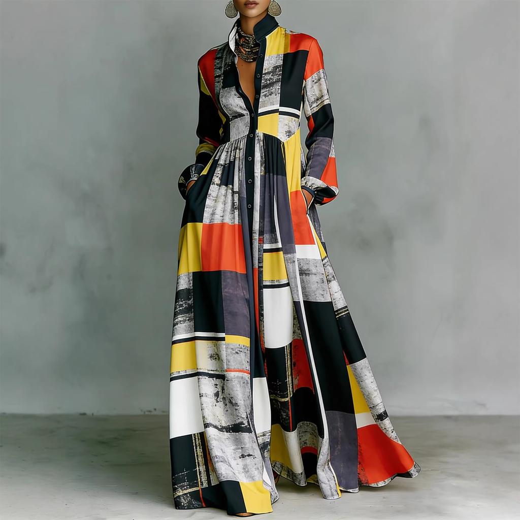 Women's Fashionable Stand Up Collar Long Sleeved Floral Print Waist Slimming Retro Casual Vacation Dress