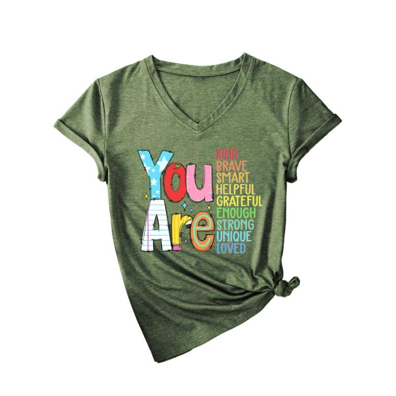 

Летний топ с V-образным вырезом и вдохновляющим текстом, модные повседневные женские футболки с коротким рукавом XXL