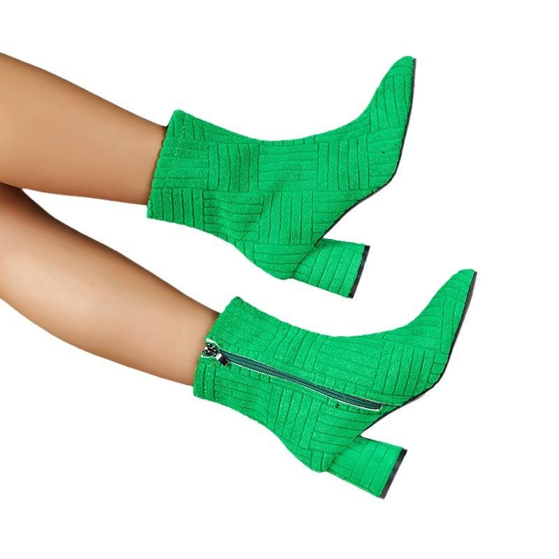Women's Sock Boots Chunky Heel Ankle Boots Pointed Toe Elastic Autumn Side Zipper High Heeled Mid Calf Booties