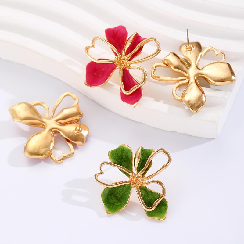 Vintage Colored Drop Glazed Double-Layer Flower Stud Earrings for Women Temperament Unique Metal Petal Earrings Fashion Jewelry