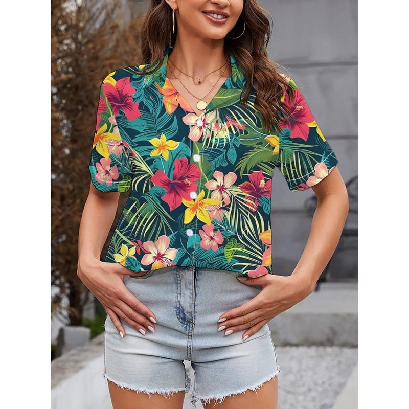 2026 New Women's Fashion Trendy Simple and Casual Hawaiian Floral and Botanical Print Short-Sleeve Shirt