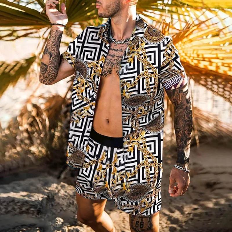 Summer Men's Fashion Leopard Print Short Sleeve Shirt And Shorts Set Beach Style T Shirt Breathable Shorts Two Piece Set