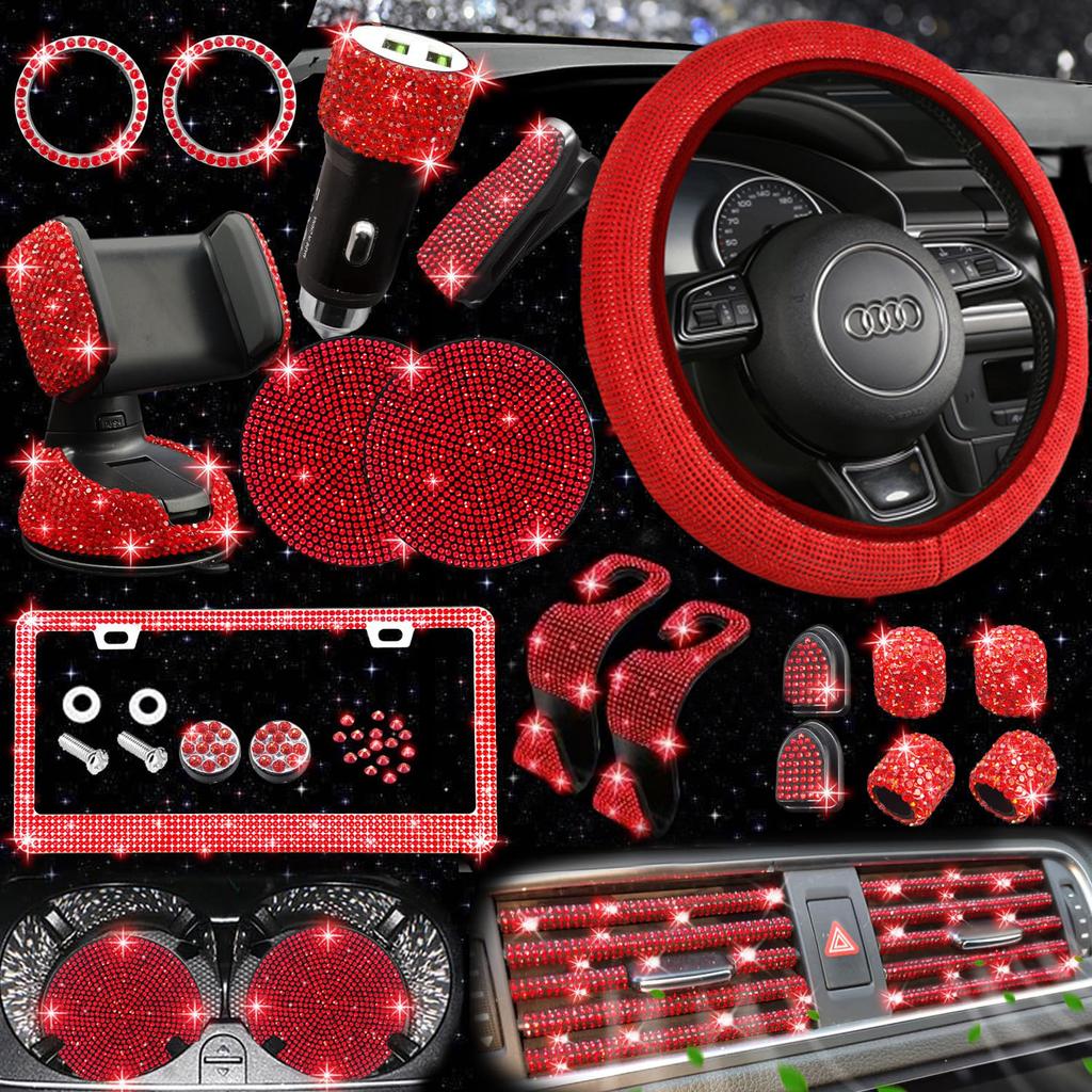 Anti-Slip Comfort Steering Wheel Cover No Inner Ring Elastic Band Diamond Rhinestone License Plate Frame Auto Interior Decoration Universal Black