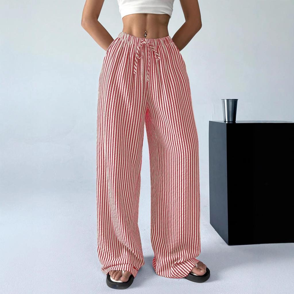 Women's Drawstring Waist Striped Wide Leg Pants Casual Loose Straight Leg Trousers
