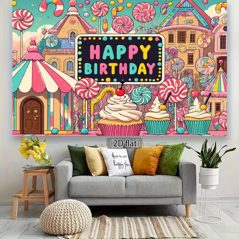 2D Kids Happy Birthday Backdrop, Candy House Theme Photography Background