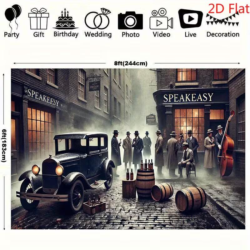 2D Speakeasy Bar Backdrop, Retro 1920s Gangster Car & Whiskey Barrel Background for Party Decor