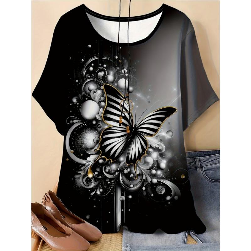 Plus Size Women s T-shirts, Round Neck Short Sleeve Summer Tops S