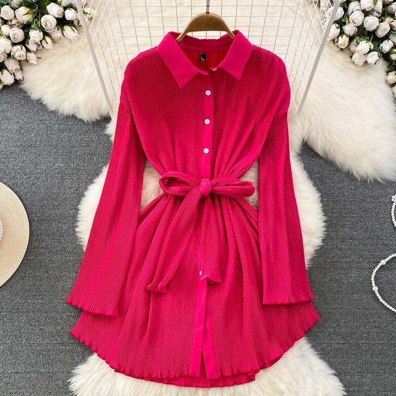 

Ruched Single-Breasted Long Sleeve Loose Dress Shirt Rose Red One size