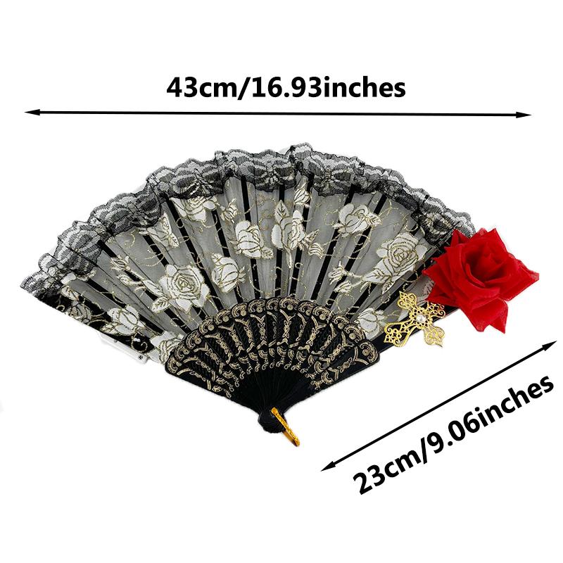 9 Inches Glowing Rose Lace Fan Anime Show Gothic Retro Flower Lolita Cosplay Accessories LED Black Rose Folding Fan Led Fans