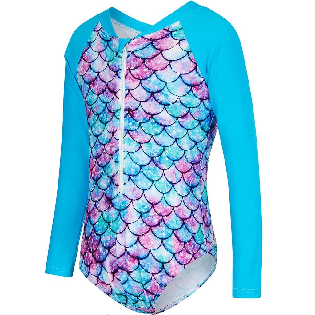 Cute Toddler Baby Girl Swimwear Long Sleeve Infant Bathing Suits Bright Ruffle Mermaid Swimsuit Kids One Piece Beachwear