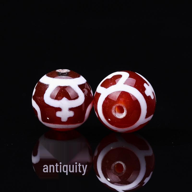 Tibetan Agate Honghong Meat Round Swastika Dzi Beads, Antiqued Weathered Texture for DIY Bracelets & Necklaces