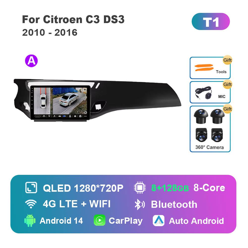 Car Video Multimedia Player DSP Stereo for Citroen C3 DS3 2010 - 2016 Android 14 System GPS Navi WiFi IPS Screen 4G Bluetooth