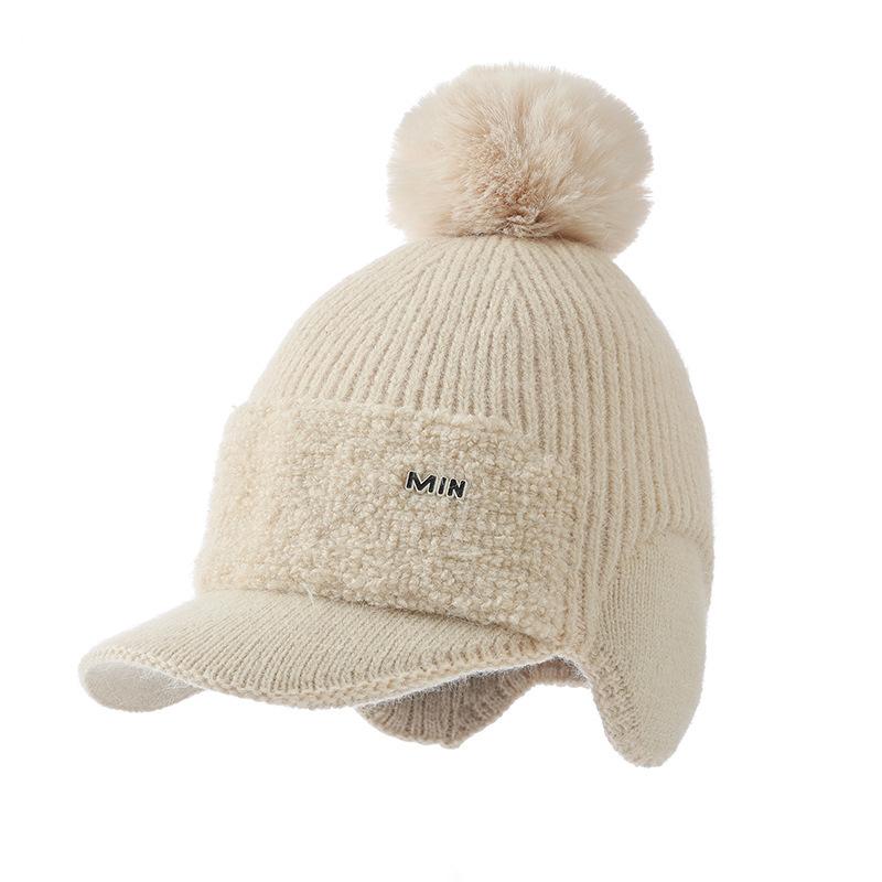 Knitted Wool Hat Women's Autumn and Winter Outdoor Cycling Windproof Hairball Hat Cold-proof Warm Fleece Ear Hat