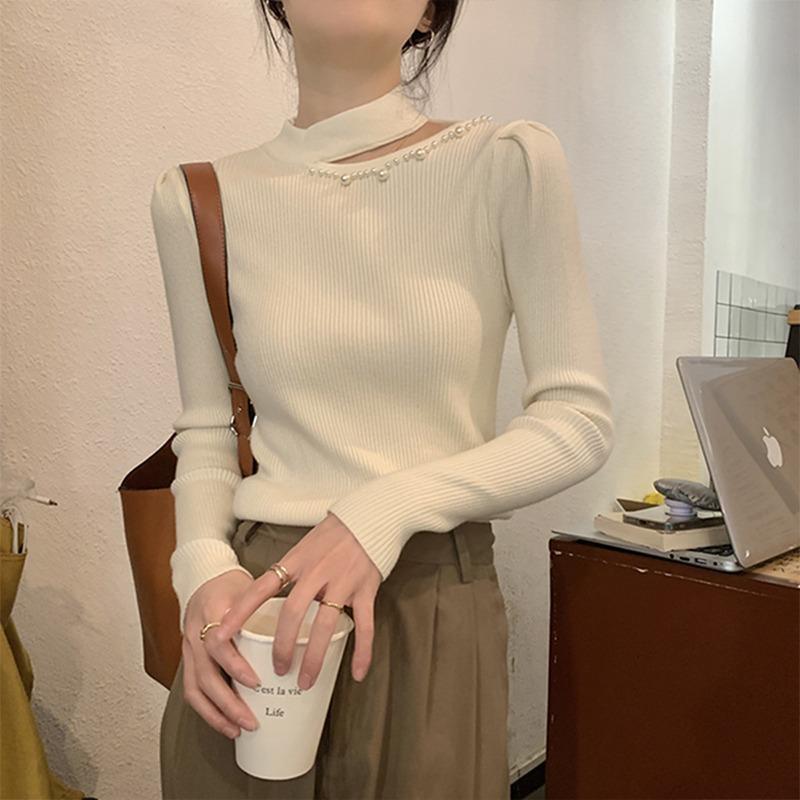 

Long-sleeved hollow semi-turtleneck knitted bottoming shirt for women s autumn and winter new slim-fitting and thin design pullover sweater top One size
