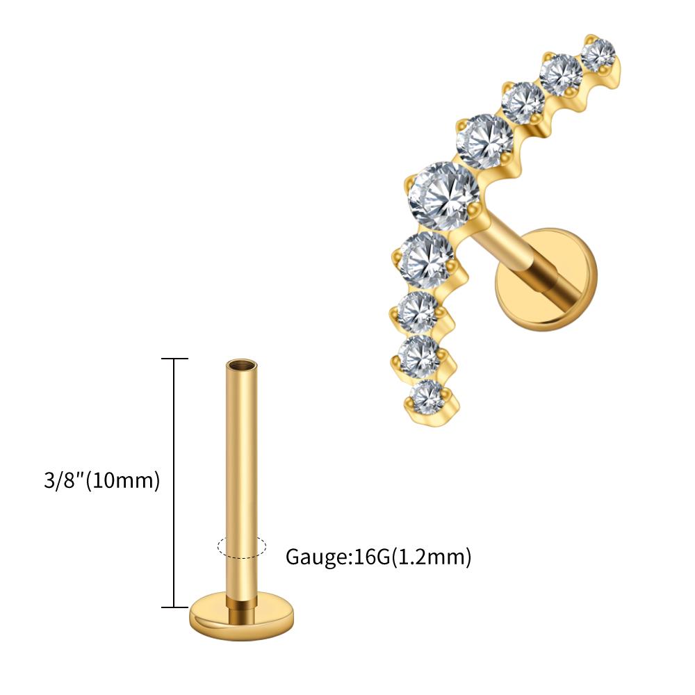 Right Grand ASTM F136 Titanium Arc CZ Cluster Labret Curved Bar Flat Back Stud Earring Helix Cartilage Conch Piercing Jewelry