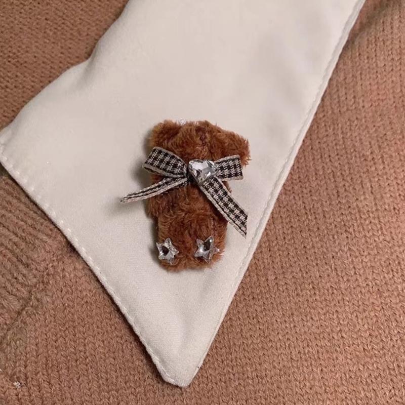 Stylish Bow Bear/Rabbit Brooch Pin Soft Plush Lapel Pin Clothes Badge Backpacks Pendant Women's Fashion Accessories