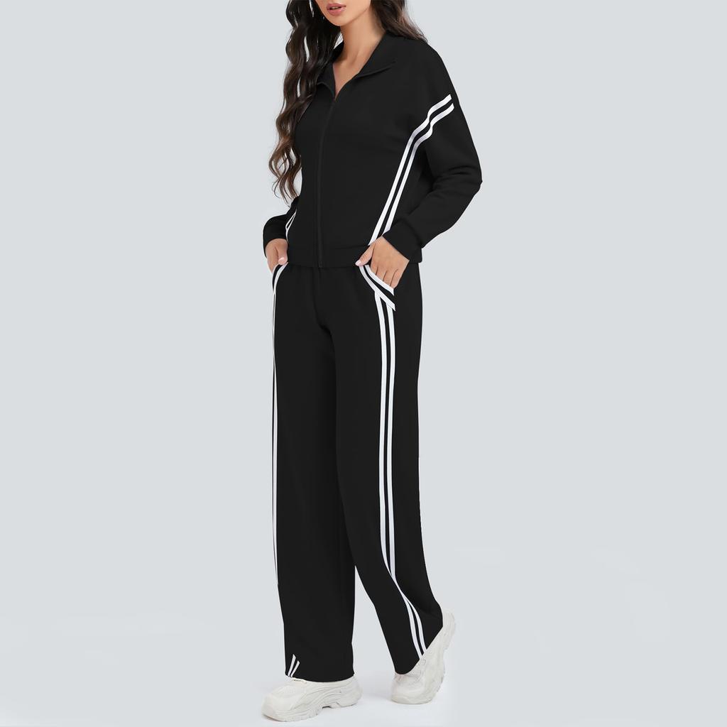 Women's Fashion Solid Color Long Sleeved Zipper Sweatshirt Jacket With Elastic Waist Pocket And Casual Sweatpants Two-piece Set