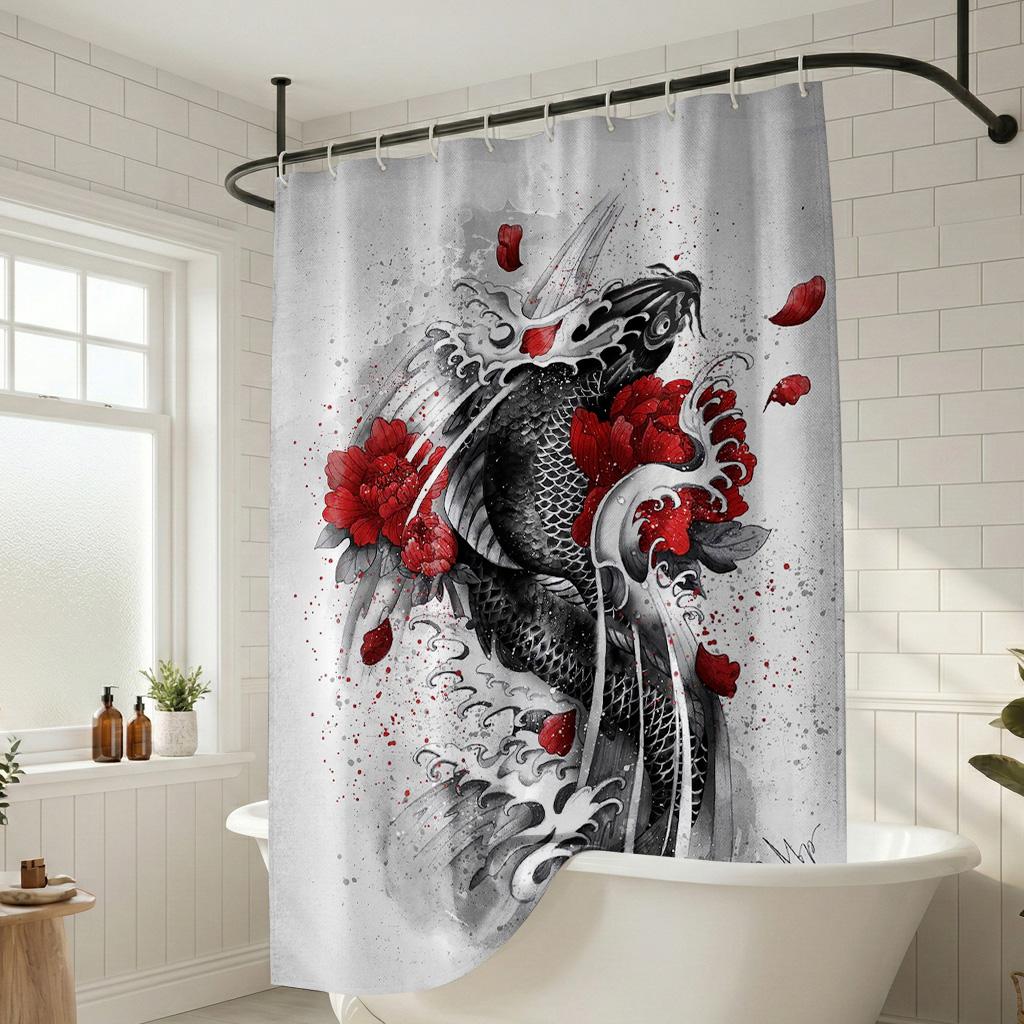 Japanese Koi Fish Ink Art Shower Curtain, Red Floral Wave Zen Bathroom Decor, Oriental Brush Painting Fabric Bath Curtain