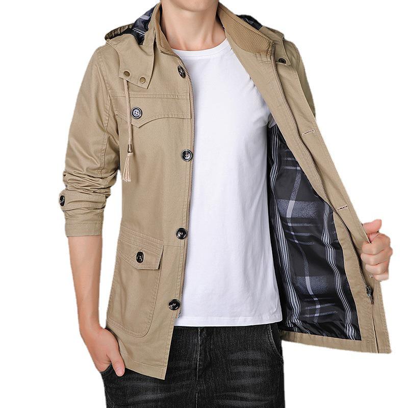Men's Mid-Length Hooded Jacket - 100% Cotton, Casual Spring/Autumn Trench Coat