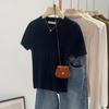 Damen T-Shirt im koreanischen Stil mit Hanfmuster, einfarbig gestrickt - Kurzarm, Rundhalsausschnitt, gerade Schulterpartie, Frühling/Herbst 2024