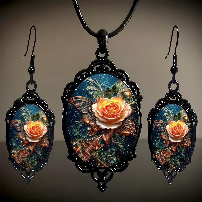 Flower Pattern Black Frame Glass Pendant Earrings, Necklace Set