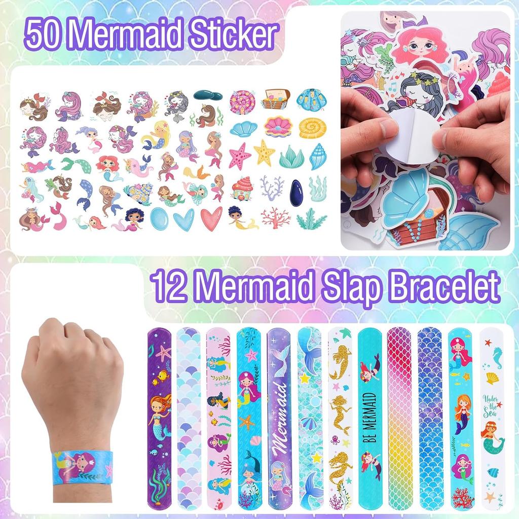 110PCS Mermaid Party Favors Mermaid Birthday Decorations Include Pen Notepad Metallic Scrunchies Slap Bracelet Gift Bag Sticker