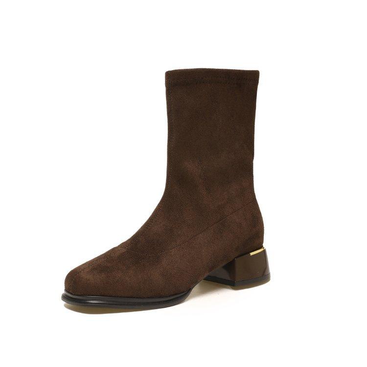 Black low-heeled short boots women's thin boots 2025 new autumn and winter square head rear zipper women's suede elastic boots