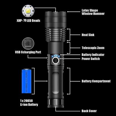 Leistungsstarke XHP70 LED-Taschenlampe 5 Modi USB-wiederaufladbar Zoom-Taschenlampe Laterne 26650-Batterie Camping Outdoor Notlicht
