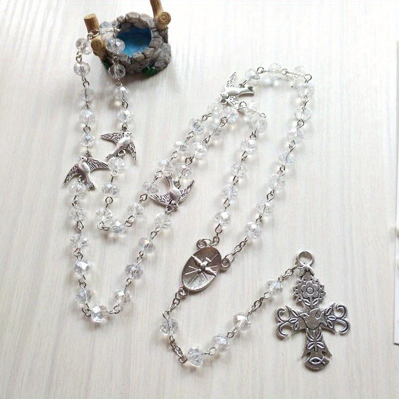 1pc Holy Spirit Dove Medal Rosary Necklace Cross Pendant Crystal Prayer Beads Chain Catholic Church Baptism Communion Jewelry