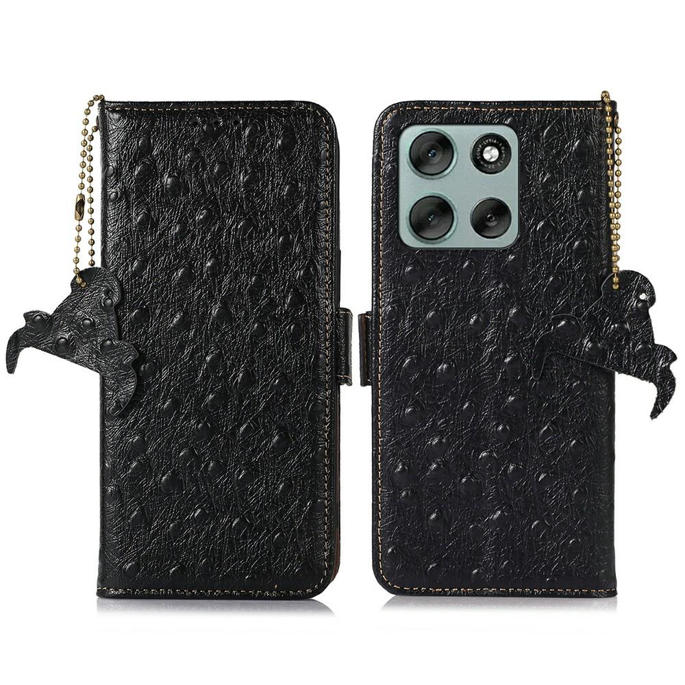 For Motorola Moto G56 5G Case RFID Blocking Genuine Cow Leather Phone Case Ostrich Texture