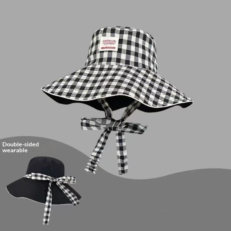 Double-sided Plaid Sunshade Fisherman Hat Summer Outdoor UV Protection Wide Brim Cap Lightweight for Beach Holiday