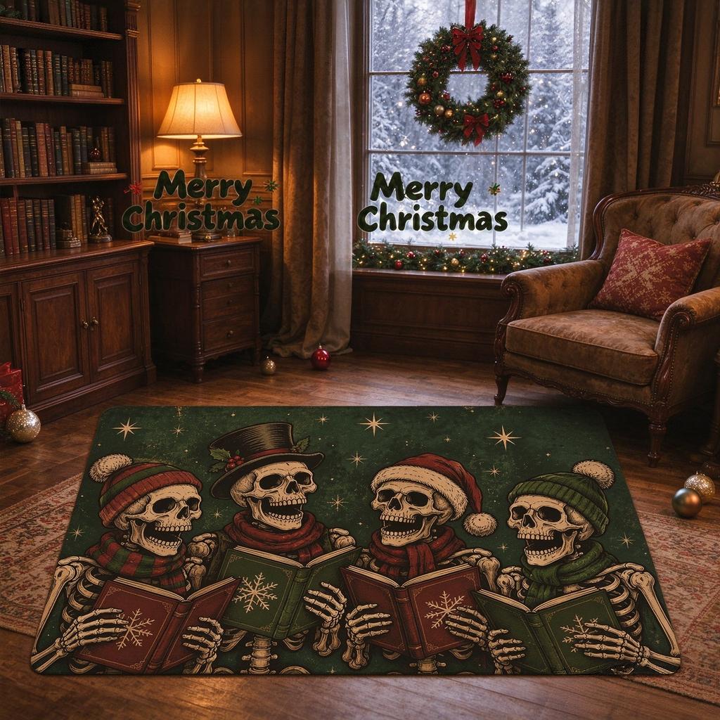 Xmas Merry Christmas Floor Rug Caroling Skeleton Winter Hat Star Print Mat For Living Area Decoration